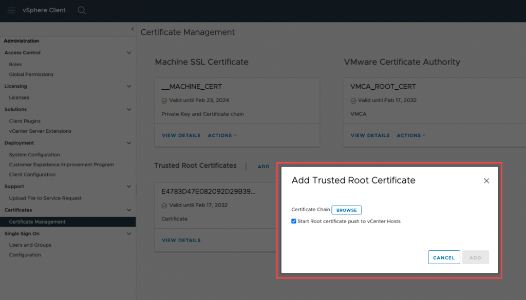 Add Trusted Root Certificates For VCenter 7 0 U2 And Above JetStream Software